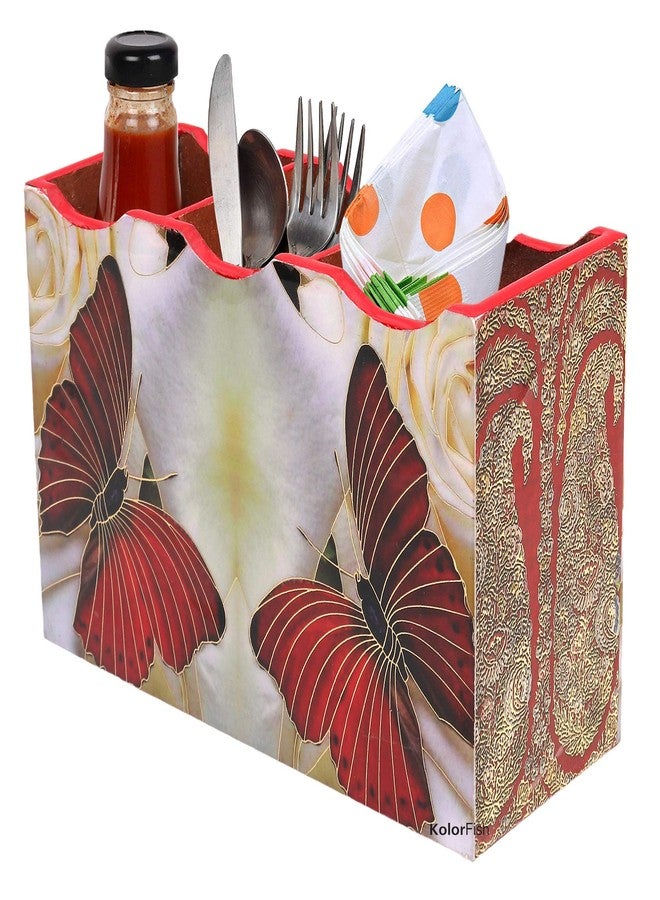 KolorFish MDF Wooden Cutlery Stand Holder with Special Enamel Coating and 3D Gold Foiling Work for Dining Table and Kitchen (Red Butterfly - Gold Series) - Image 1